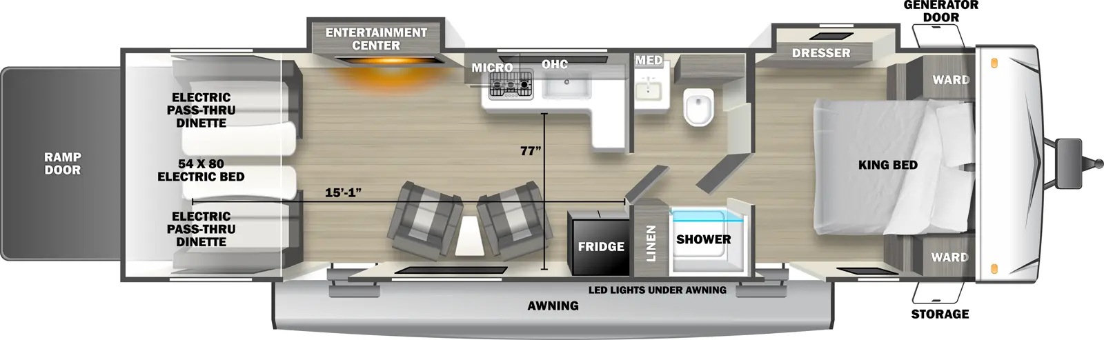 The 2600SLT travel trailer has 2 slide outs on the off-door side, 2 entry doors and 1 rear ramp door. Exterior features include an awning with LED lights over both entry doors, front door side storage and front off-door side generator door. Interior layout from front to back includes: front bedroom with foot-facing King bed, shelf over the bed, front corner wardrobes, off-door side slideout holding a dresser and door side entry door to outside; pass-through bathroom with toilet, medicine cabinet and sink on the off-door side and shower and linen storage on the door side; off-door side L-shaped kitchen countertop with overhead microwave and cabinets, stovetop and sink; door side refrigerator; 2 door side recliners with end table; off-door side slideout holding an entertainment center; door side entry door to outside; and rear 54 x 80 electric bed over electric pass-through dinette. Cargo length from rear of unit to kitchen wall is 15 ft. 1 in. Cargo width from kitchen countertop to door side wall is 77 inches.